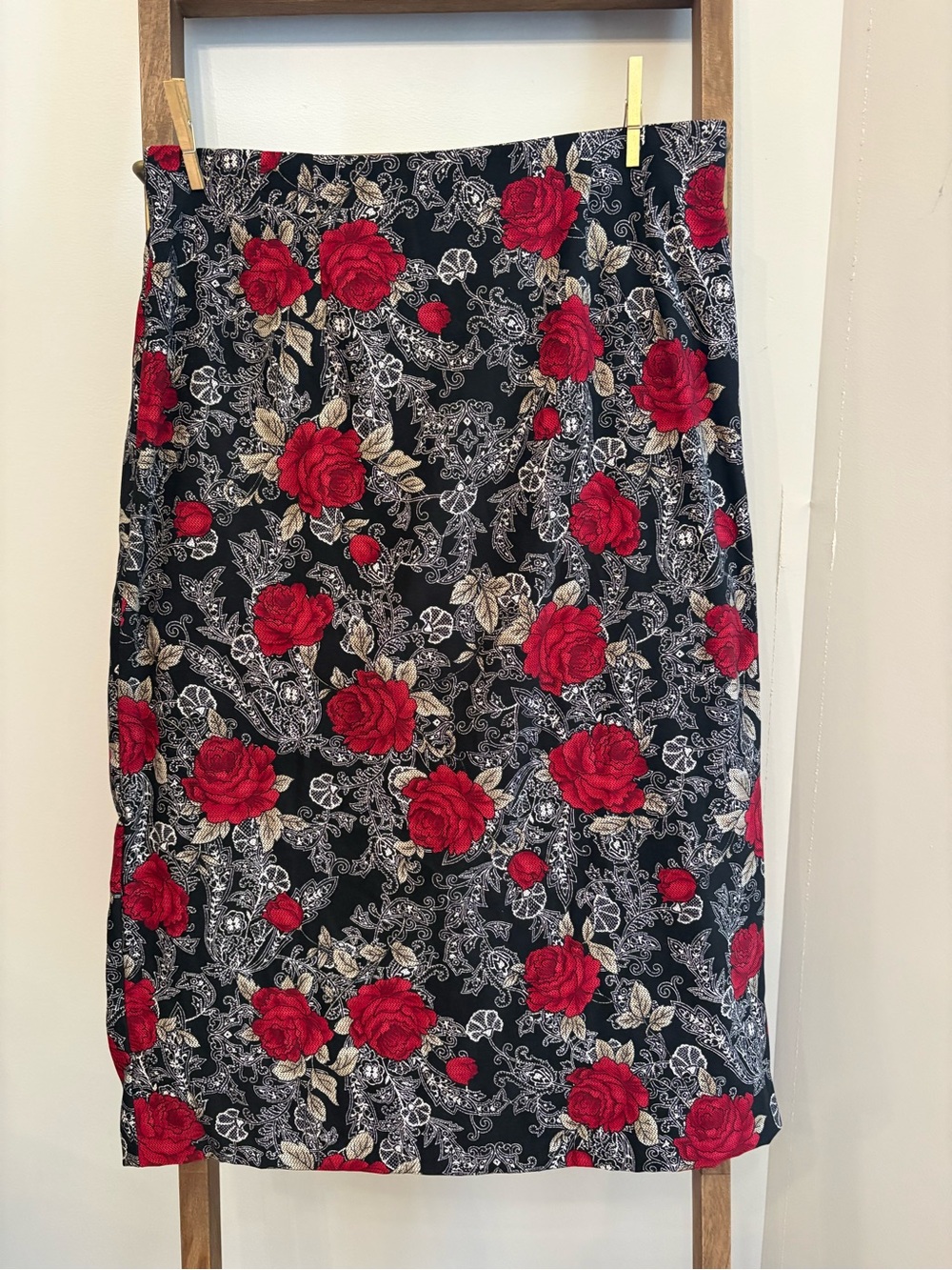 Kim Rogers Black Midi Skirt with Red Rose Print